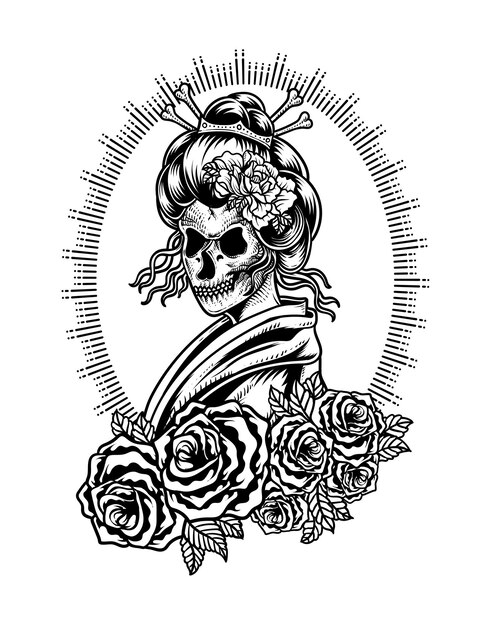 Ilustración vectorial cráneo de geisha con flores de rosa Diseño de tatuaje