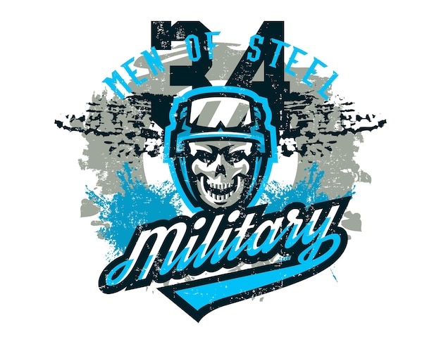 Ilustración vectorial en un cráneo de guerrero de soldado de tema militar en casco Letras de texto de efecto grunge Tipografía Gráficos de camiseta Imprimir volante de cartel de pancarta