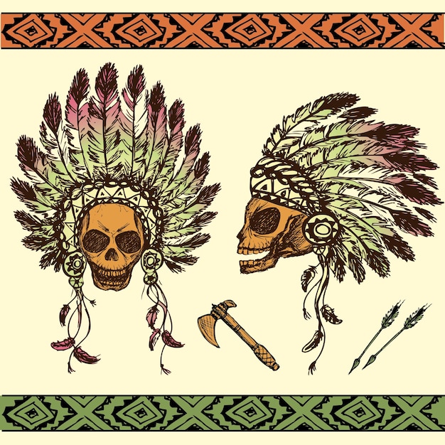 Ilustración vectorial de cráneo humano en el tocado del jefe indio nativo americano con tomahawks