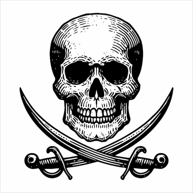 Ilustración vectorial del cráneo de pirata con espadas