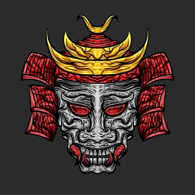 Vector ilustración vectorial de un cráneo samurai y casco de oro rojo
