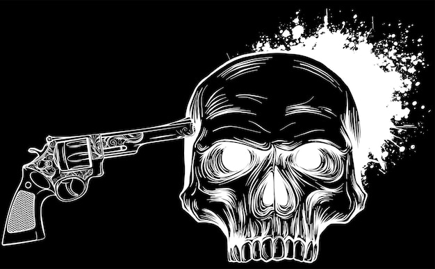 Ilustración vectorial cráneo suicida con arma y sangre