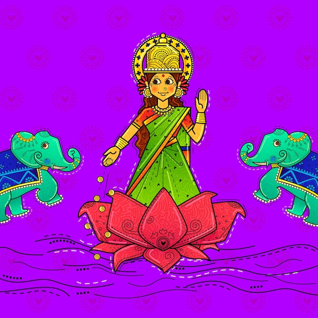 Ilustración vectorial creativa del festival indio Dhanteras con la diosa Laxmi con arte desi