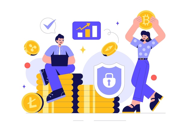 Ilustración vectorial de criptomonedas con una pila de monedas Tecnología de billetera de moneda digital y criptomoneda Bitcoin en un fondo plano