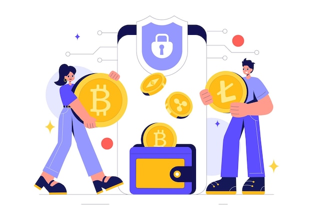 Ilustración vectorial de criptomonedas con una pila de monedas Tecnología de billetera de moneda digital y criptomoneda Bitcoin en un fondo plano