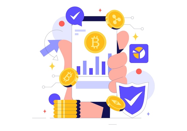 Ilustración vectorial de criptomonedas con una pila de monedas Tecnología de billetera de moneda digital y criptomoneda Bitcoin en un fondo plano