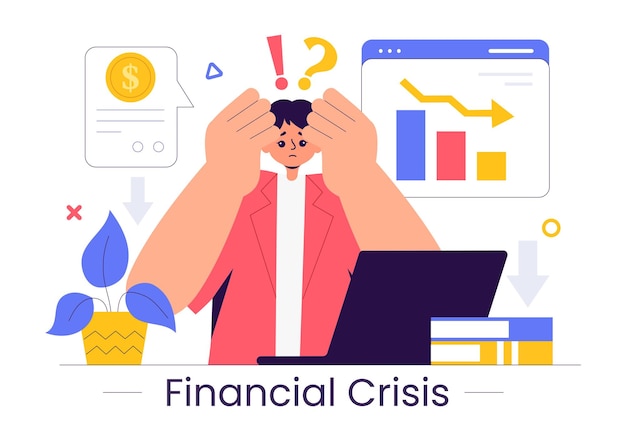Ilustración vectorial de la crisis financiera de la bancarrota El colapso económico y la reducción de costos con una flecha hacia abajo en un fondo de dibujos animados de estilo plano