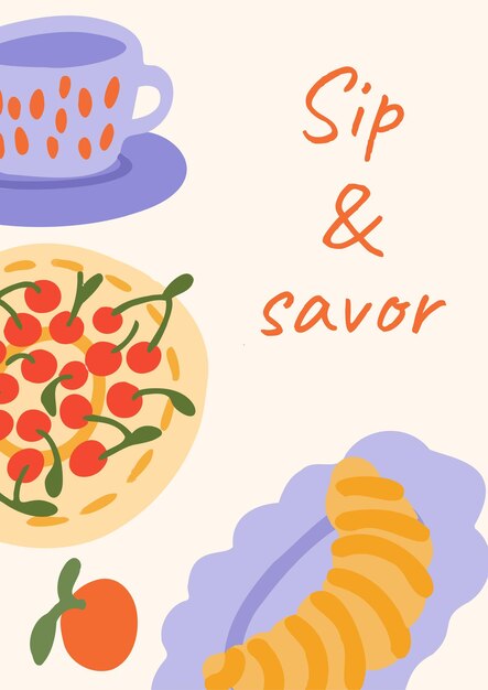 Ilustración vectorial de croissant de tarta de cereza y taza de té Diseño conceptual de desayuno acogedor