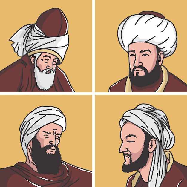 Ilustración vectorial de cuatro eruditos islámicos Jalaluddin Rumi Muhammad AlGhazali Ibn Rushd Ibn Sina médico teólogo filósofo poeta médico