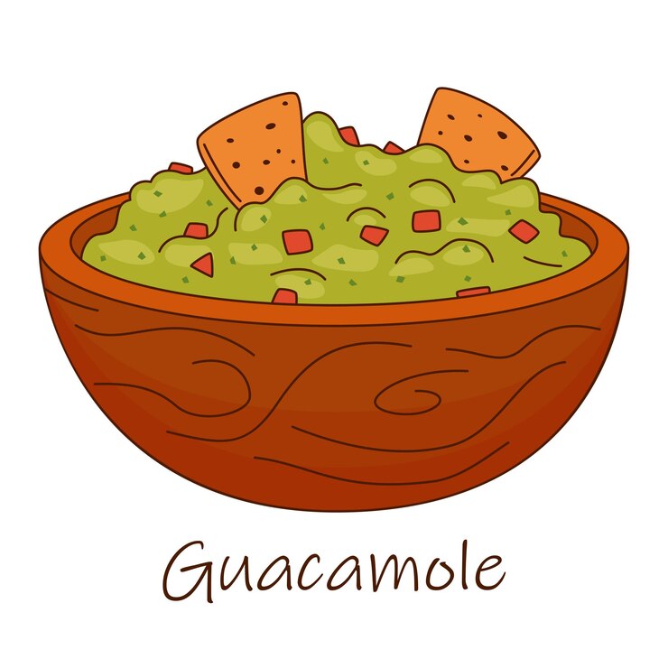 Vector ilustración vectorial de un cuenco de madera lleno de guacamole y acompañado de nachos