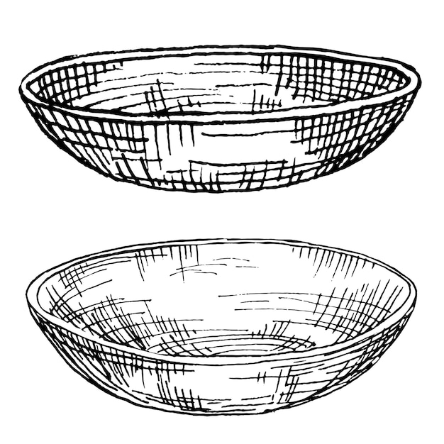 Ilustración vectorial de cuenco de plato dibujada a mano Plato de cerámica o vidrio Cuenco de ensalada Uso para servir Uso de cocina