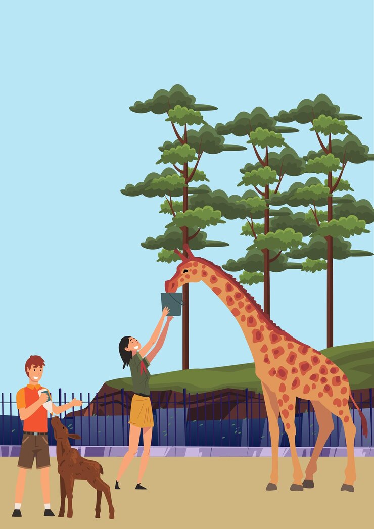 Vector ilustración vectorial de un cuidador del zoológico dando agua a un ciervo y una jirafa