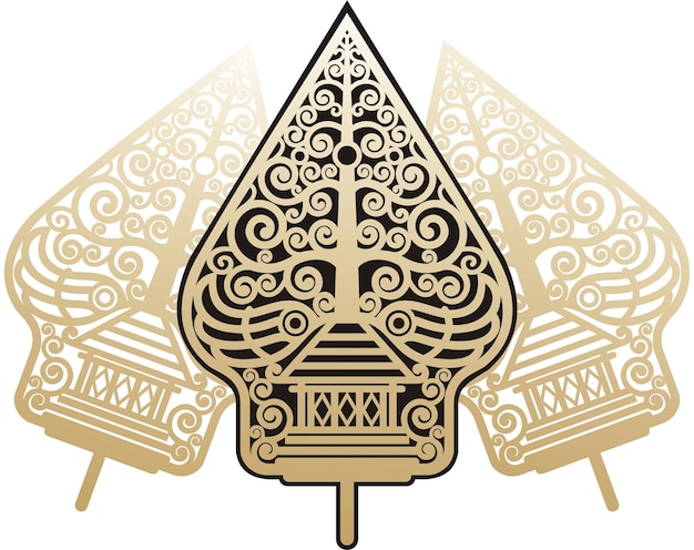 Ilustración vectorial de la cultura javanesa indonesia tres formas de gunungan jawa de color oro