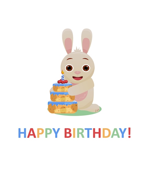 Ilustración vectorial de cumpleaños feliz conejo lindo con pastel tarjeta de felicitación linda para niños