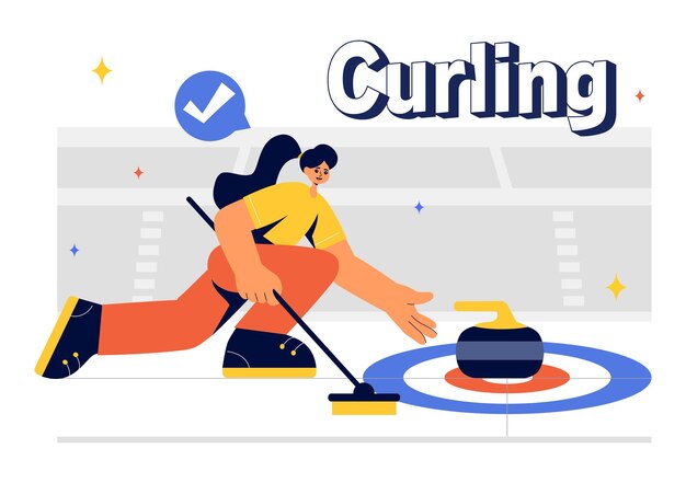 Ilustración vectorial de curling deportivo con un equipo jugando el juego con piedras y escobas en una pista de hielo rectangular en un campeonato en un fondo