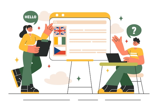Ilustración vectorial de cursos de aprendizaje en línea, programas de formación y estudios de lenguas extranjeras en el extranjero en un fondo de estilo plano
