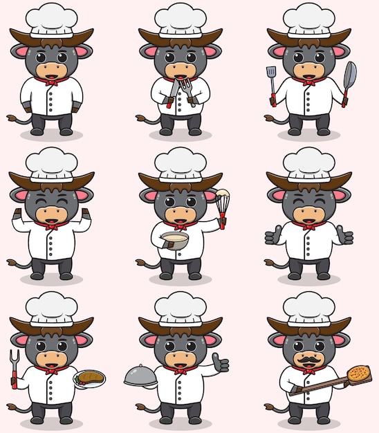 Ilustración vectorial de Cute Buffalo con el uniforme de chef