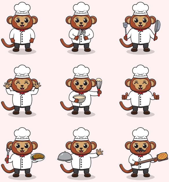 Ilustración vectorial de Cute Monkey con el uniforme de chef