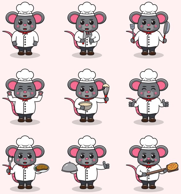 Ilustración vectorial de Cute Mouse con el uniforme de chef