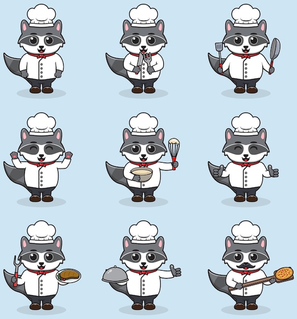 Ilustración vectorial de Cute Raccoon con el uniforme de chef