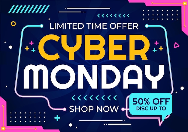 Ilustración vectorial de Cyber Monday con súper ventas y grandes descuentos Compras de productos en bolsas de papel para promociones en un fondo de dibujos animados de estilo plano