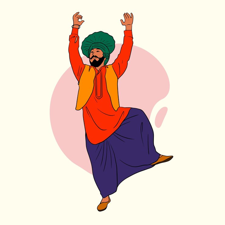 Ilustración vectorial de danza tradicional del hombre indio punjabi con un colorido vestido de la cultura india