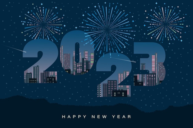 ilustración vectorial para dar la bienvenida al nuevo año 2023 con fondo de fuegos artificiales