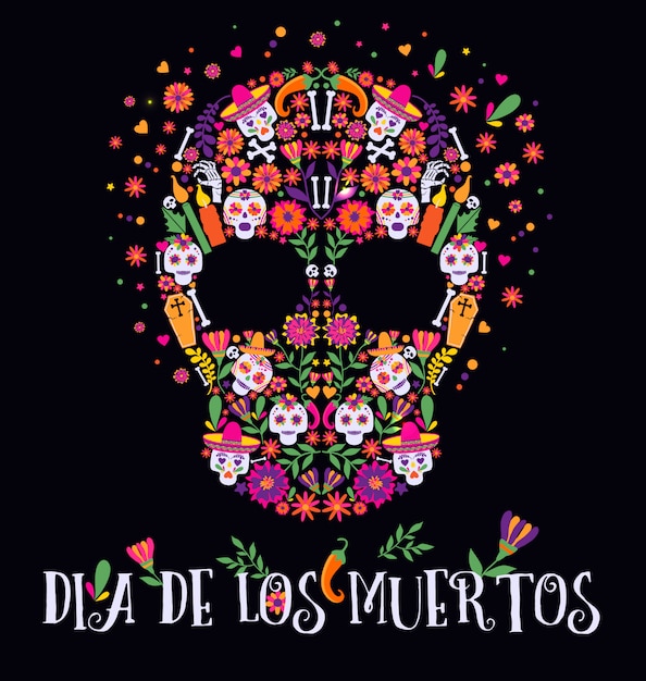 Ilustración vectorial de un decorado día de los muertos dia de los muertos cráneo.