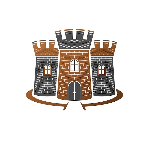 Ilustración vectorial decorativa del escudo heráldico. Logotipo de Ancient Fort en estilo antiguo aislado sobre fondo blanco.