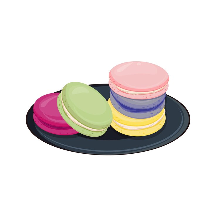Vector ilustración vectorial de deliciosos macarrones coloridos comida deliciosa en platos