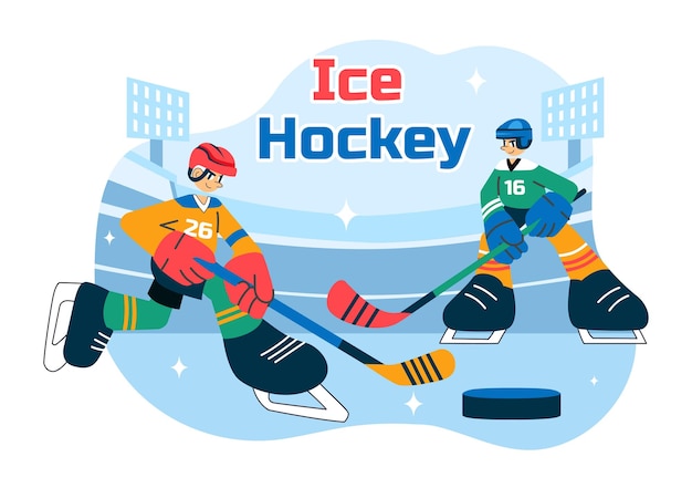 Ilustración vectorial deportiva de un jugador de hockey sobre hielo con un puck de casco y patines en una superficie de hielo para un juego o campeonato en un fondo