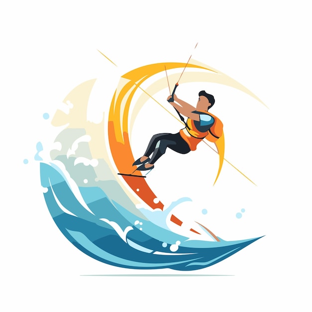 Vector ilustración vectorial deportiva de kitesurf kitesurfista en las olas