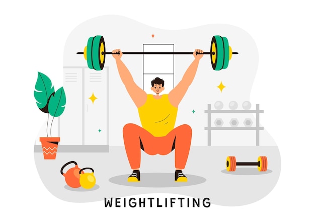 Ilustración vectorial deportiva de levantamiento de pesas con un atleta levantando una barra pesada con equipo de gimnasio y un culturista entrenando en un fondo plano