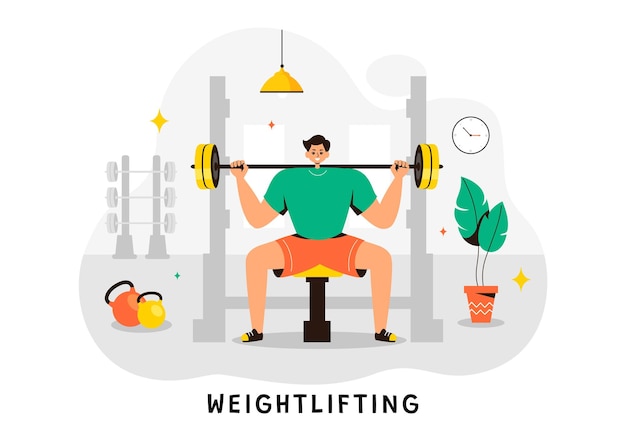 Ilustración vectorial deportiva de levantamiento de pesas con un atleta levantando una barra pesada con equipo de gimnasio y un culturista entrenando en un fondo plano
