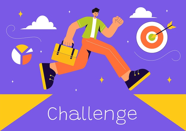 Ilustración vectorial de desafío con un hombre de negocios corriendo a la cima de un gráfico y superando obstáculos para lograr el éxito en un fondo plano