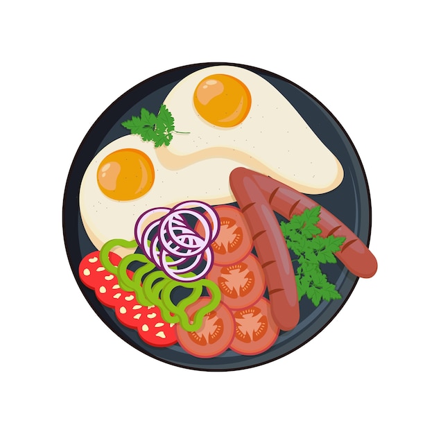 Ilustración vectorial del desayuno con huevos revueltos salchichas fritas tomates y verduras