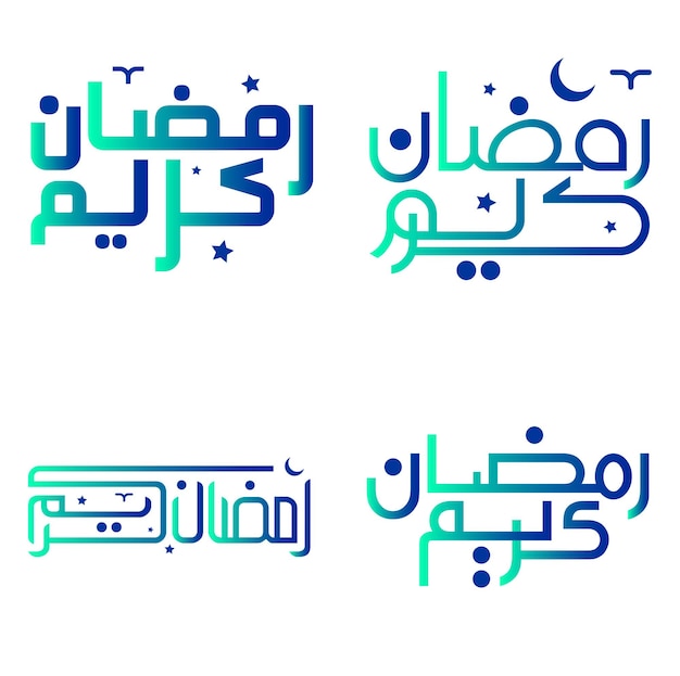 Ilustración vectorial de los deseos de Ramadán Kareem con tipografía árabe degradada verde y azul