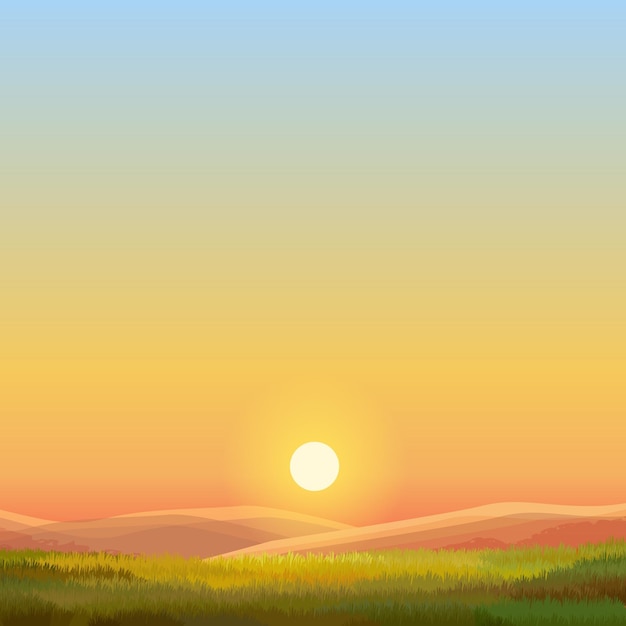 Ilustración vectorial de desierto cuadrado Fondo de pintura de campo Montañas lejanas y cielo al atardecer 1X1