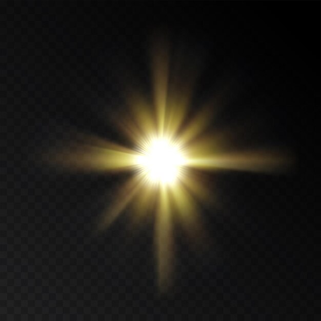 Ilustración vectorial de destello amarillo claro en un fondo transparente Efecto de deslumbramiento dorado brillante plantilla de explosión Estrella de estallido brillante realista llamarada solar destello en el sol