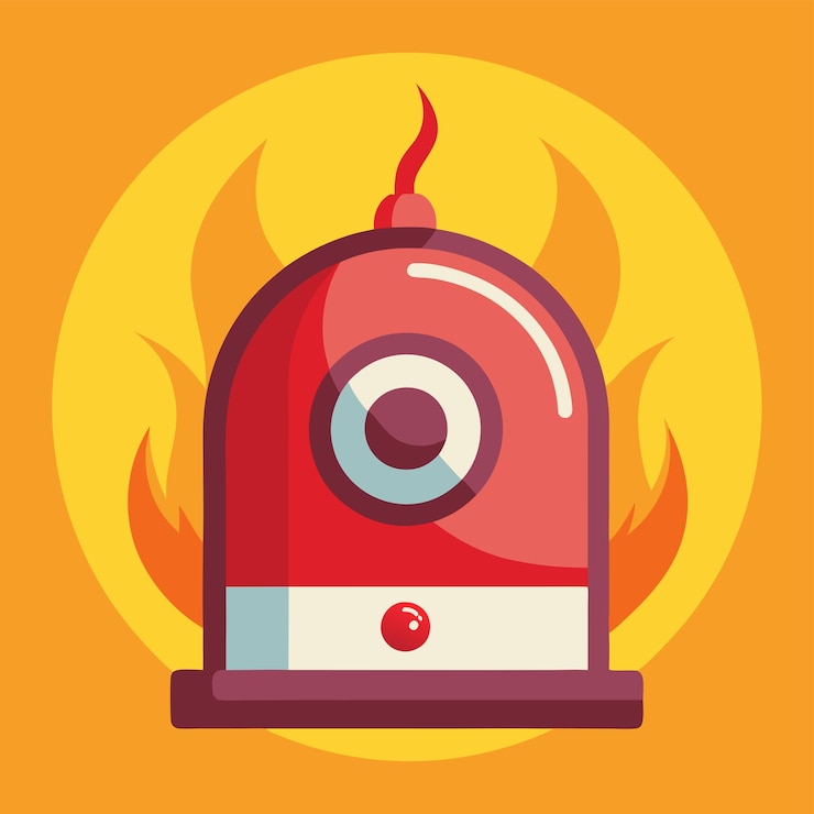 Vector ilustración vectorial detallada de una alarma de incendio con un botón de alerta de carcasa roja y un símbolo de advertencia