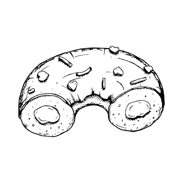Ilustración vectorial detallada dibujada a mano en blanco y negro de la mitad de una salpicadura de rosquilla esmaltada y llena