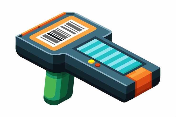 Vector una ilustración vectorial detallada de un escáner de códigos de barras moderno diseñado para procesos eficientes de compra y gestión de inventario