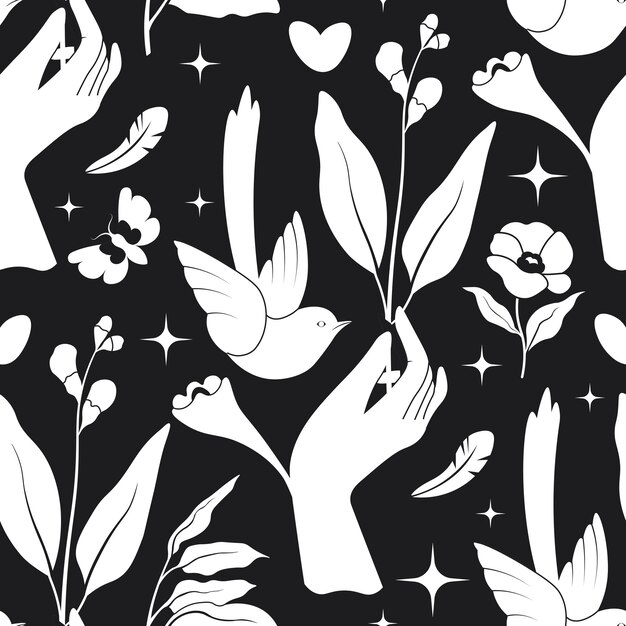 Ilustración vectorial detallada de la mano y el pájaro