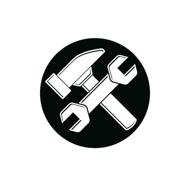 Ilustración vectorial detallada de martillo y llave cruzada, herramientas de trabajo. símbolo, mazo y llave inglesa del utensilio de la industria