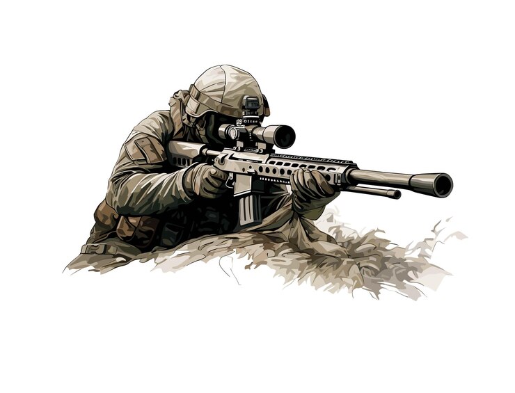 Una ilustración vectorial detallada de un soldado francotirador con equipo de combate aislado en un fondo blanco