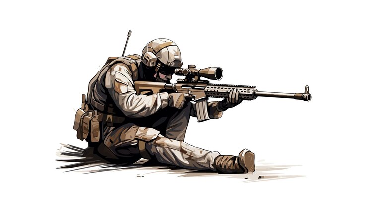 Una ilustración vectorial detallada de un soldado francotirador con equipo de combate aislado en un fondo blanco