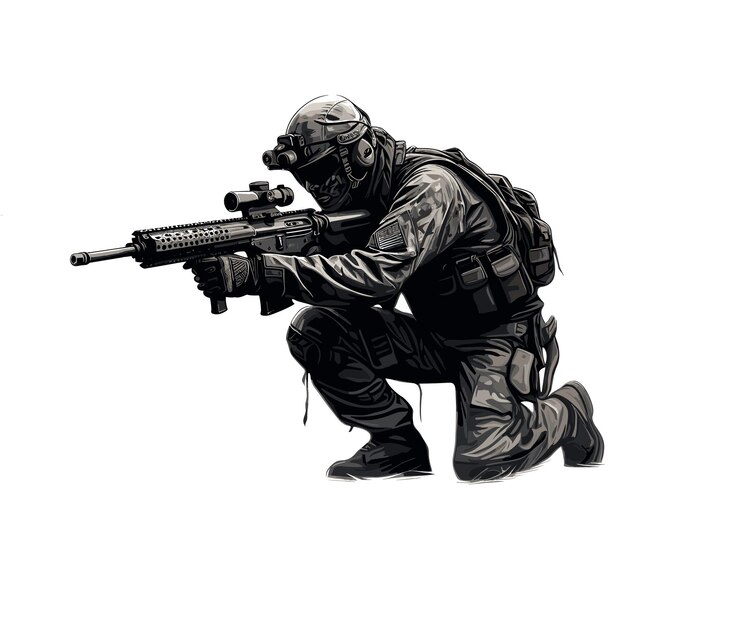 Una ilustración vectorial detallada de un soldado francotirador con equipo de combate aislado en un fondo blanco