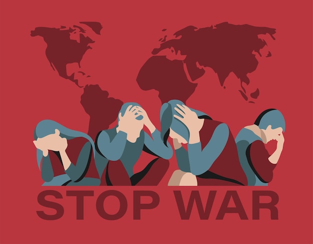 Vector ilustración vectorial detener la guerra triste grupo de personas sosteniendo el mapa mundial de la cabeza