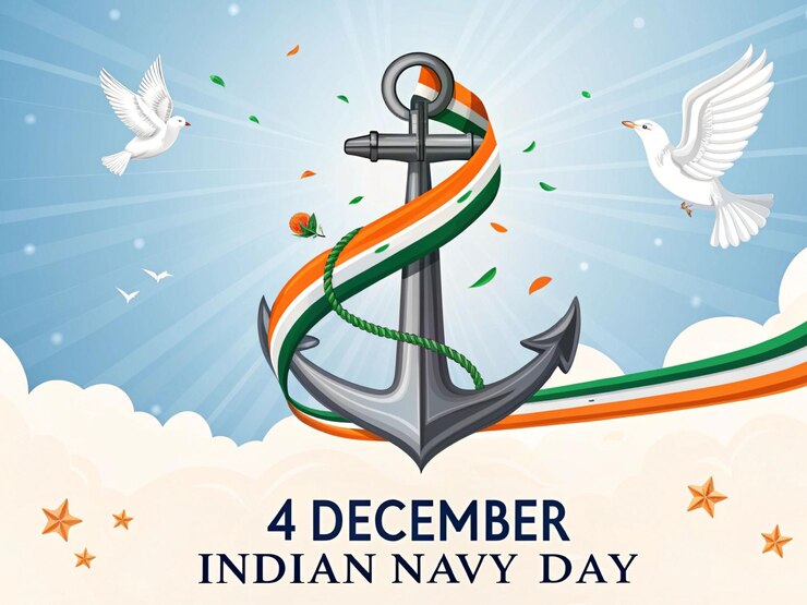 Ilustración vectorial del Día de la Armada de la India con ancla y cinta tricolor