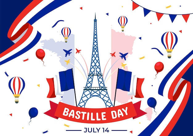 Ilustración vectorial del día de la bastilla el 14 de julio con la bandera francesa y la torre eiffel